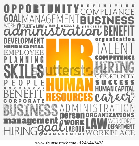 HR Human Resources - set of people who make up the workforce of an organization, business sector, industry, or economy, word cloud concept background