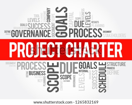 Project Charter - statement of the scope, objectives, and participants in a project, word cloud text concept for presentations and reports