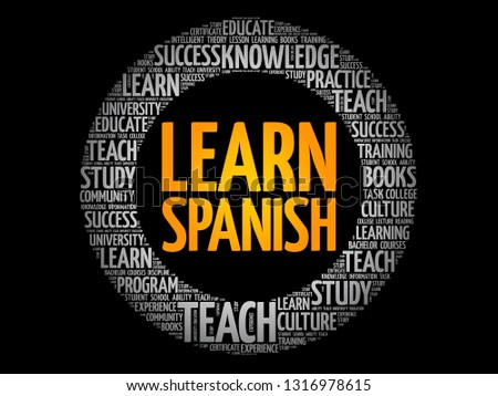 Learn Spanish word cloud, education business concept