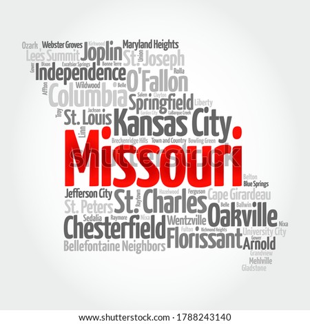 List of cities in Missouri USA state, map silhouette word cloud, map concept background