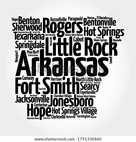 List of cities in Arkansas USA state, map silhouette word cloud, map concept background