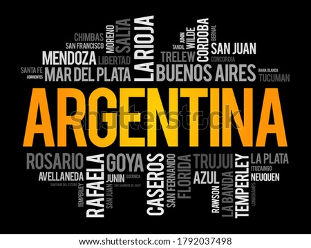 List of cities and towns in Argentina, word cloud collage, business and travel concept background
