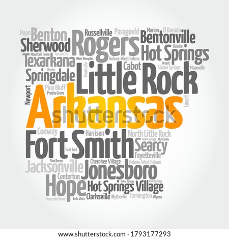 List of cities in Arkansas USA state, map silhouette word cloud background