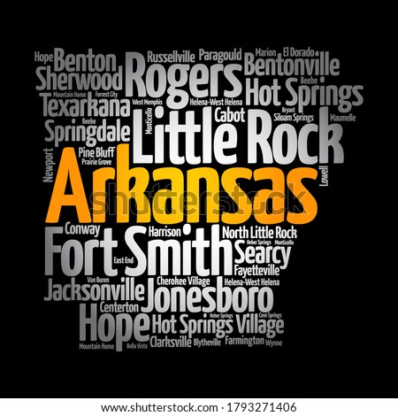 List of cities in Arkansas USA state, map silhouette word cloud, map concept background