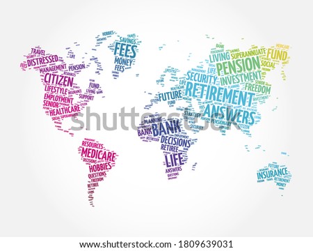 Retirement word cloud in shape of world map, concept background