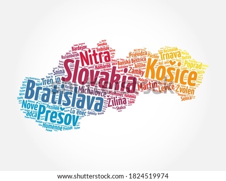 List of cities and towns in Slovakia, map word cloud collage, business and travel concept background