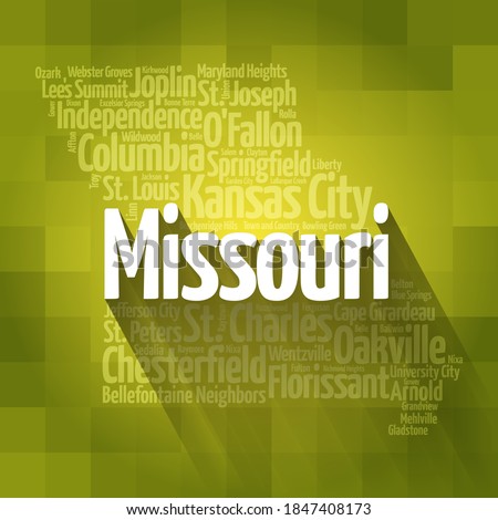 List of cities in Missouri USA state, map silhouette word cloud, map concept background