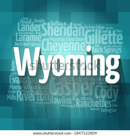 List of cities in Wyoming USA state, map silhouette word cloud, map concept background