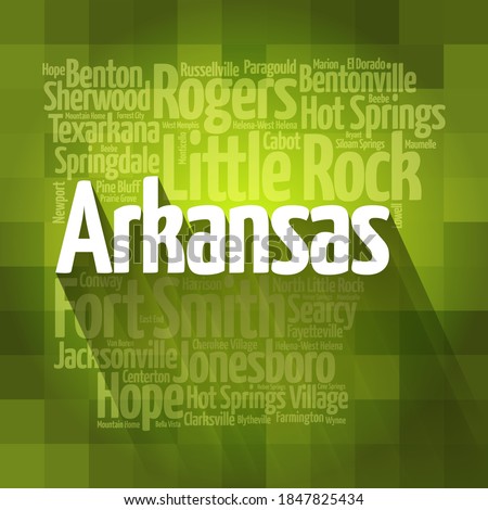 List of cities in Arkansas USA state, map silhouette word cloud background