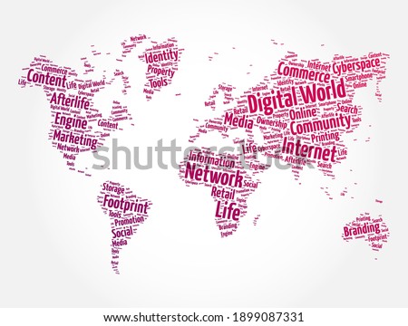 Digital world word cloud in shape of world map, technology concept background