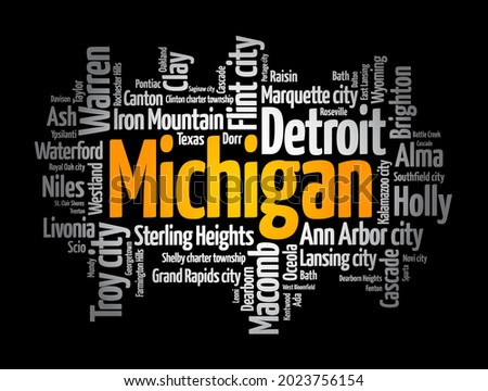 List of cities in Michigan USA state, word cloud concept background
