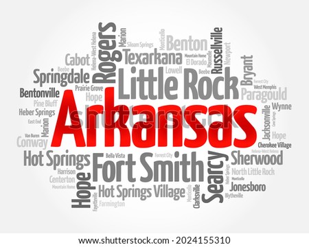 List of cities in Arkansas, is a landlocked state in the South Central region of the Southern United States, word cloud concept background