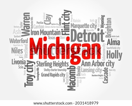 List of cities in Michigan USA state, word cloud concept background