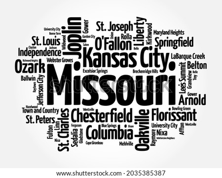 List of cities in Missouri USA state, word cloud concept background