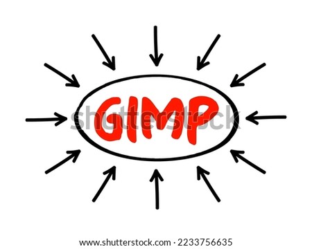 GIMP Gnu Image Manipulation Program - free and open-source raster graphics editor used for image manipulation and image editing, acronym text with arrows