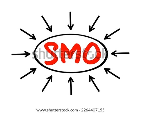 SMO Social Media Optimization - use of a number of outlets and communities to generate publicity to increase the awareness of a product, acronym text with arrows