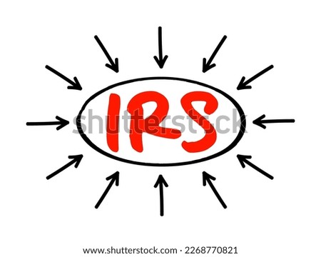 IRS Internal Revenue Service - responsible for collecting taxes and administering the Internal Revenue Code, acronym text concept with arrows