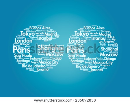 GO text travel concept made with words cities names, vector collage