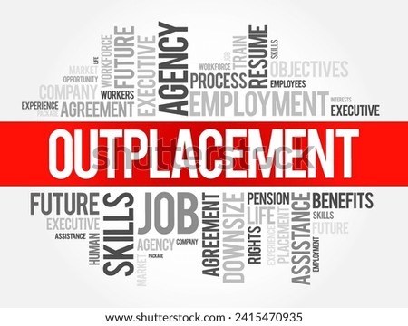 Outplacement is a support service provided by organizations to help former employees transition to new jobs, word cloud concept background