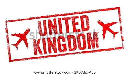 United Kingdom is a sovereign country located off the northwestern coast of mainland Europe, text emblem stamp with airplane