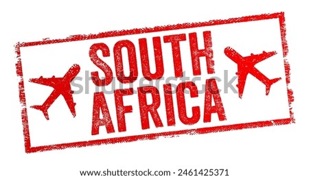 South Africa - a country located at the southern tip of the African continent, text emblem stamp with airplane