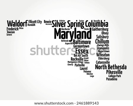 Maryland - a state located in the Mid-Atlantic region of the United States, word cloud silhouette concept background