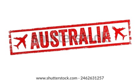 Australia - a country and continent located in the southern hemisphere, surrounded by the Indian and Pacific Oceans, text emblem stamp with airplane