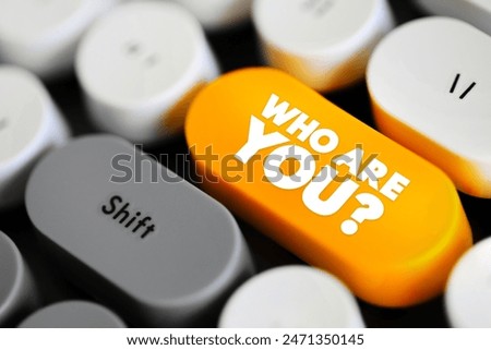 Image, Stock Photo Who are you? | Teacher points with her hand to the question on the board