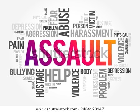 Assault - act of committing physical harm or unwanted physical contact upon a person, word cloud concept background. No AI generated content