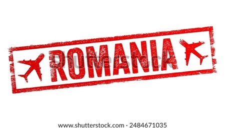 Romania - is a country located at the crossroads of Central, Eastern, and Southeast Europe, text emblem stamp with airplane. No AI generated content