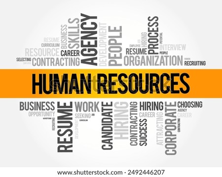 Human Resources - set of people who make up the workforce of an organization, business sector, industry, or economy, word cloud text concept background