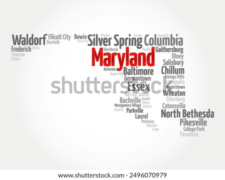 Maryland - a state located in the Mid-Atlantic region of the United States, word cloud silhouette concept background