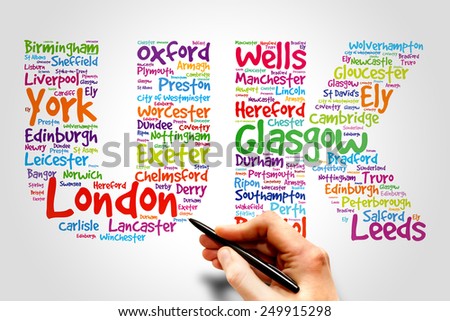 United Kingdom (UK), cities names word cloud travel concept
