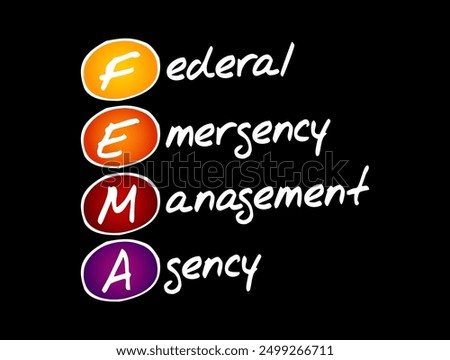 FEMA Federal Emergency Management Agency - agency of the United States Department of Homeland Security, acronym text concept background