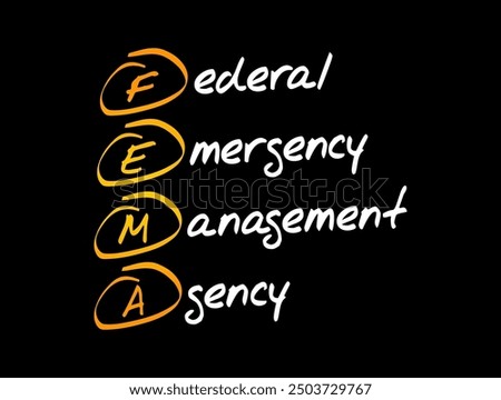 FEMA Federal Emergency Management Agency - agency of the United States Department of Homeland Security, acronym text concept background