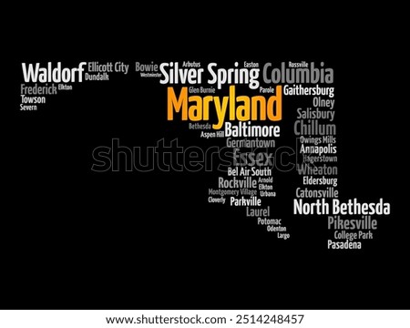 Maryland - a state located in the Mid-Atlantic region of the United States, word cloud silhouette concept background