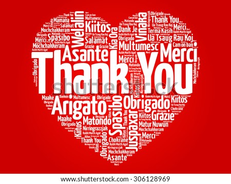 Thank You in many languages love heart, red vector background