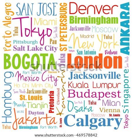 Cities in the world word cloud collage, travel destinations concept background