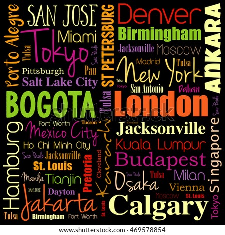 Cities in the world word cloud collage, travel destinations concept background