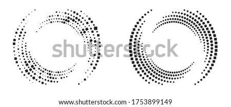 Modern abstract background. Halftone squares in circle form. Round logo. Vector dotted frame. Design element or icon.