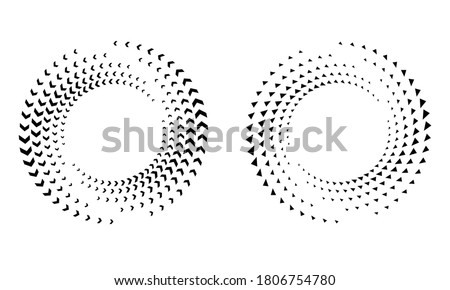 Halftone round as icon or background. Black abstract vector circle frame with arrows and triangles as logo or emblem. Circle border isolated on the white background for your design.