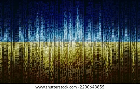 Binary code pattern in blue and yellow colors of flag of Ukraine. Cyberspace, technology and information concept.