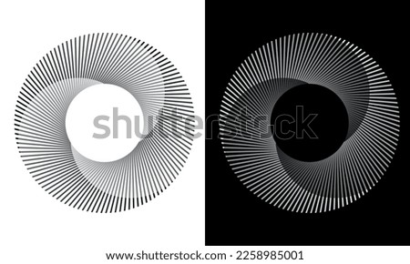 Set of circles with lines. Lines in one color with different opacity. Black spiral on white background and white spiral on black background. Dynamic design element with 3 parts.