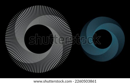 Set of circles with lines. Lines in one color with different opacity. White and blue spirals on black background. Dynamic design element with 4 parts.