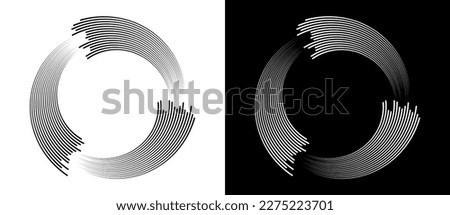 Circles with parallel lines and spiral perspective. A white circle on a black background and the same illustration with inverted colors.