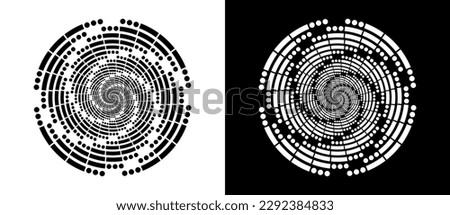 SOS Morse code in circles. Circle abstract background  with dynamic lines and dots in spiral. Black shape on a white background and the same white shape on the black side.