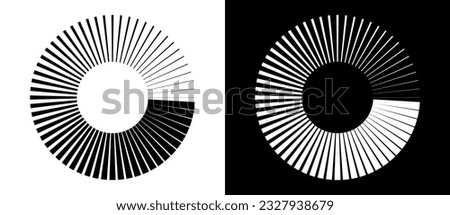 Radial lines of different thickness, as a logo or abstract background. A rotating circle like a loading sign. Black circle on a white background and the same white circle on the black side.