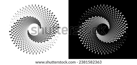 Spiral dotted background with triangles. Yin and yang style. Design element or icon. Black shape on a white background and the same white shape on the black side.