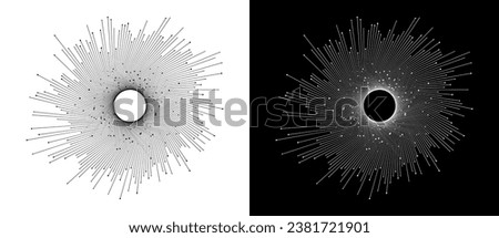 Connecting many dots with circle in center via lines. Big Data concept. Design element or icon. Black shape on a white background and the same white shape on the black side.