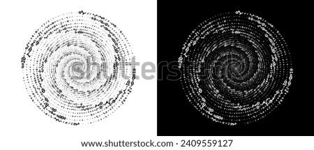 Abstract numbers one and zero in a  spiral. Big data or chaos concept, logo icon or tattoo. Black shape on a white background and the same white shape on the black side.